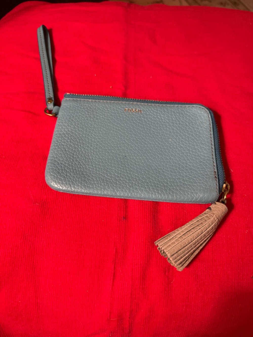 Fossil Slate Blue Pebbled Leather Wristlet with Tan Tassel